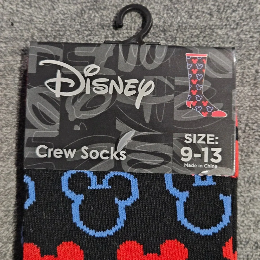 Disney Mickey Mouse Crew Socks Mens Size 9-13 Black Red Blue Silhouette Pattern